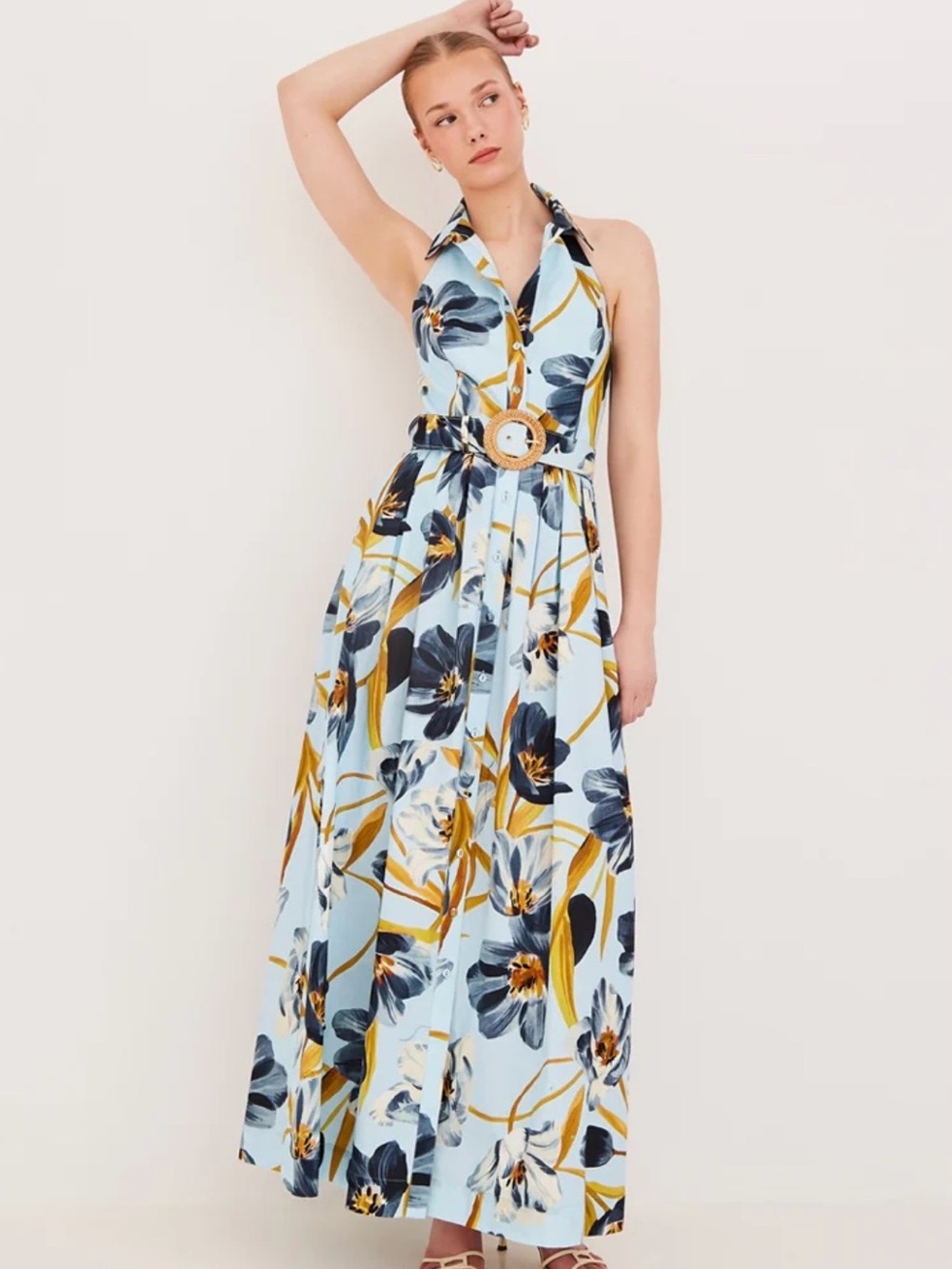 Cara Cara Quentin Dress Light Blue Floral Halter Maxi Dress with Belt